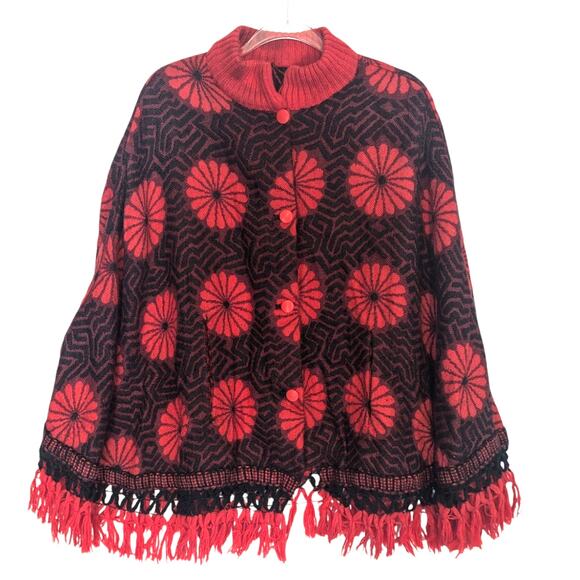 Vintage 60's 70's Sweater Poncho Button Front Red Black Geometric Flowers Flaw - Picture 1 of 8